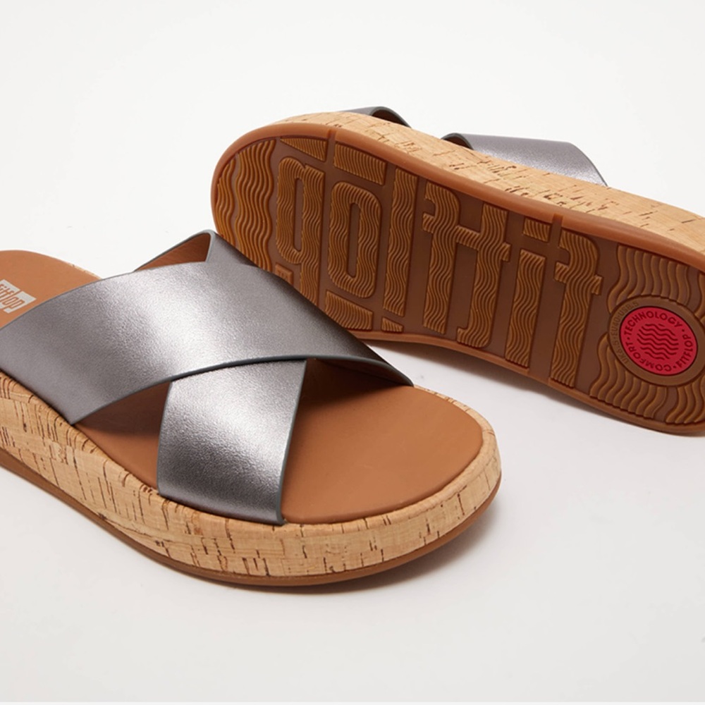 FitFlop Grey Metallic Charcoal F-Mode Cross Strap Platform Cork Sandals Shoes 8